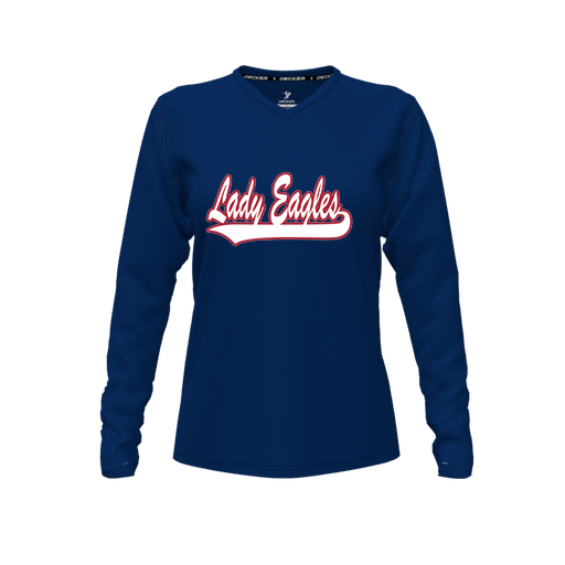 [CUS-DFW-TEES-CMF-VNK-LSL-NVY-FYXS-LOGO1] Decker Comfort T-Shirt (Female Youth XS, Navy, V Neck, Logo 1, Long Sleeve)