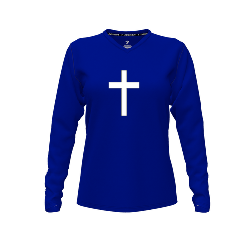 [CUS-DFW-TEES-CMF-VNK-LSL-RYL-FYXS-LOGO3] Decker Comfort T-Shirt (Female Youth XS, Royal, V Neck, Logo 3, Long Sleeve)