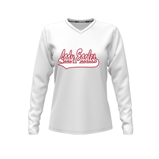 [CUS-DFW-TEES-CMF-VNK-LSL-WHT-FYXS-LOGO1] Decker Comfort T-Shirt (Female Youth XS, White, V Neck, Logo 1, Long Sleeve)