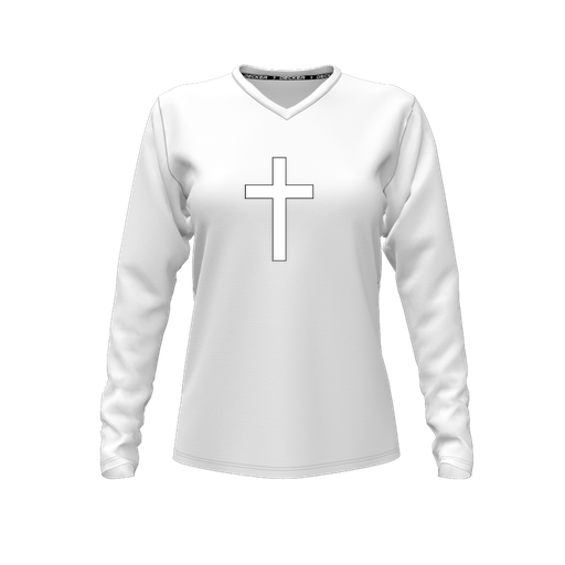 [CUS-DFW-TEES-CMF-VNK-LSL-WHT-FYXS-LOGO3] Decker Comfort T-Shirt (Female Youth XS, White, V Neck, Logo 3, Long Sleeve)