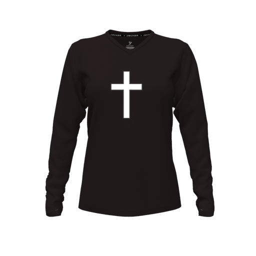 [CUS-DFW-TEES-CMF-VNK-LSL-BLK-FYXS-LOGO3] Decker Comfort T-Shirt (Female Youth XS, Black, V Neck, Logo 3, Long Sleeve)
