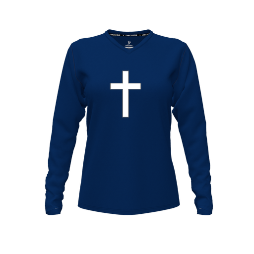 [CUS-DFW-TEES-CMF-VNK-LSL-NVY-FYXS-LOGO3] Decker Comfort T-Shirt (Female Youth XS, Navy, V Neck, Logo 3, Long Sleeve)