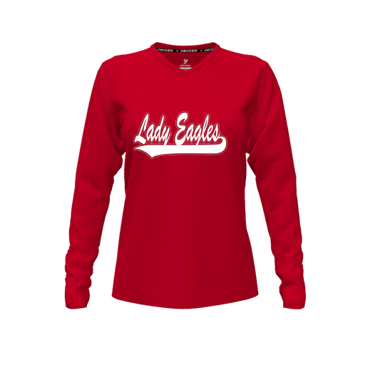 [CUS-DFW-TEES-CMF-VNK-LSL-RED-FYXS-LOGO1] Decker Comfort T-Shirt (Female Youth XS, Red, V Neck, Logo 1, Long Sleeve)