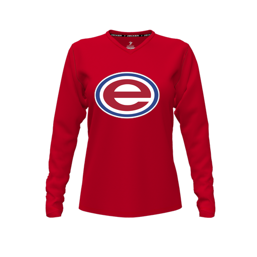 [CUS-DFW-TEES-CMF-VNK-LSL-RED-FYXS-LOGO2] Decker Comfort T-Shirt (Female Youth XS, Red, V Neck, Logo 2, Long Sleeve)