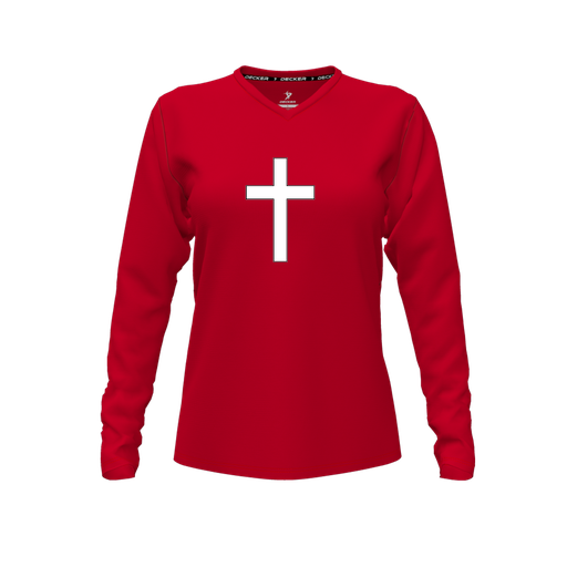 [CUS-DFW-TEES-PER-VNK-LSL-RED-FYXS-LOGO3] Decker Performance T-Shirt (Female Youth XS, Red, V Neck, Logo 3, Long Sleeve)