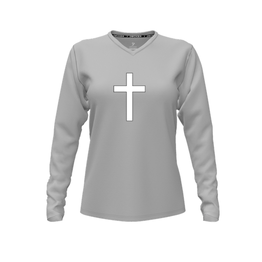 [CUS-DFW-TEES-PER-VNK-LSL-GRY-FYXS-LOGO3] Decker Performance T-Shirt (Female Youth XS, Gray, V Neck, Logo 3, Long Sleeve)