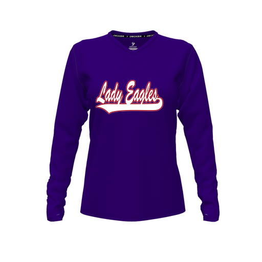 [CUS-DFW-TEES-PER-VNK-LSL-PUR-FYXS-LOGO1] Decker Performance T-Shirt (Female Youth XS, Purple, V Neck, Logo 1, Long Sleeve)